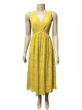 NWT  Adelyn Rae XS Yellow Eyelet Cotton V-Neck Smocked Midi Dress Sleeveless